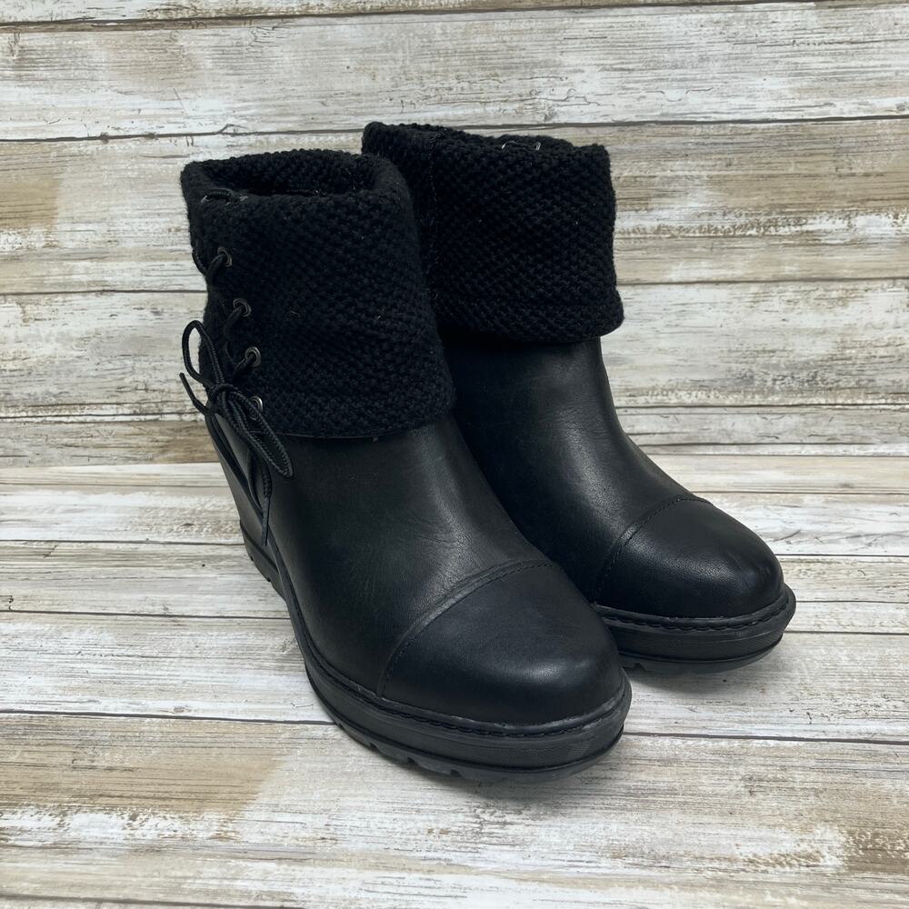 Timberland Kellis Women's Black Leather Wedge Ankle Boots Sweater Knit Cuff 9.5